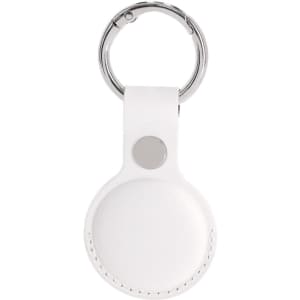 A white keychain with a round holder, featuring a metal ring and a button closure.