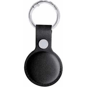 A black leather keychain tracker with a circular casing and a silver keyring.