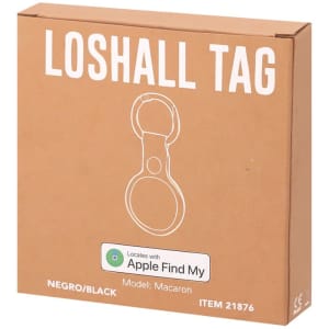 A brown packaging box containing a black tracking device. The box features a logo and product details.