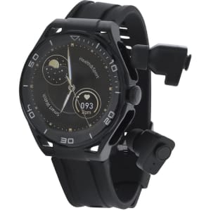 A black smart watch with a digital display and fitness tracking features, featuring a logo and adjustable strap.