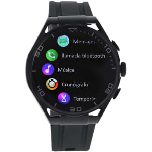A black smart watch with a circular face displaying various app icons on a dark screen.