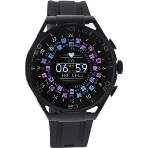 A black smart watch with an illuminated digital display showing time and various icons. It features a textured band and a logo.