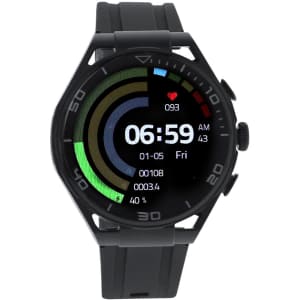 A black smartwatch features a digital display showing time, date, and various health metrics. It has a branded logo.