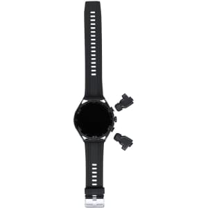 A black smartwatch with a round face, featuring two side buttons and a silicone strap.