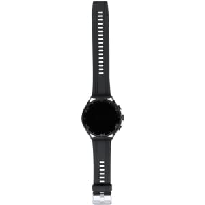 A black smart watch with a round face and adjustable strap, featuring a logo on the side.