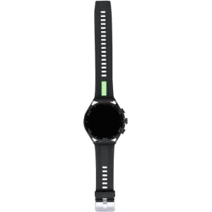 A black smart watch with a green accent on the strap, featuring a round face and a digital display.