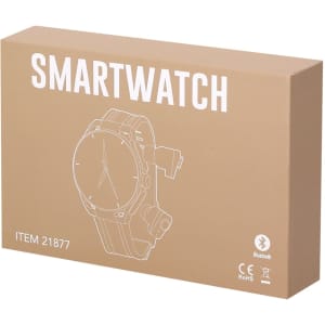 A smartwatch in a beige box featuring a minimalist design and a logo. The box includes product information and features.