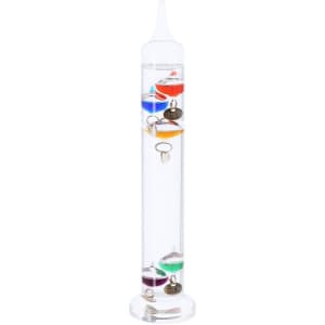 A clear Galileo thermometer with coloured glass floats, each marked with a temperature scale, in a tall cylindrical shape.