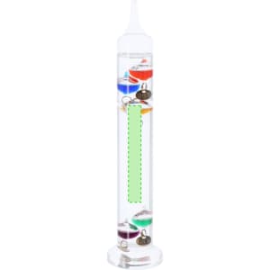 A Galileo thermometer in a tall, clear tube featuring multiple coloured liquid bulbs and a white top.