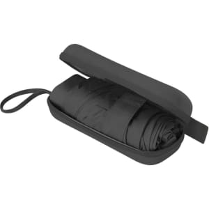 A foldable black umbrella neatly packed in a slim black case with a carrying strap.