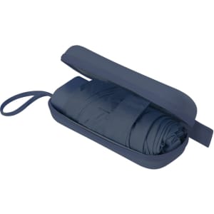 A foldable umbrella in a navy protective case, featuring a handle for easy carrying.