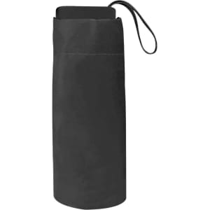 A black foldable umbrella in a protective sleeve, featuring a carry strap. It includes a logo on the sleeve.