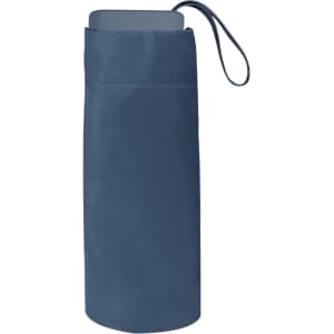 A navy blue foldable umbrella in a matching pouch with a carry strap. The pouch features a logo.