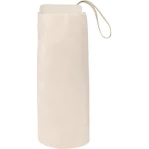 A cream-coloured foldable umbrella in a protective sleeve with a carrying strap.
