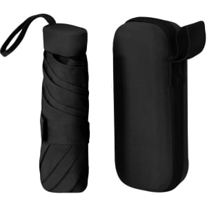 A black foldable umbrella alongside its matching case, both featuring sleek designs. The umbrella is compact and portable.