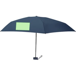 A foldable umbrella in navy blue with a stick handle and a branding area on the canopy.
