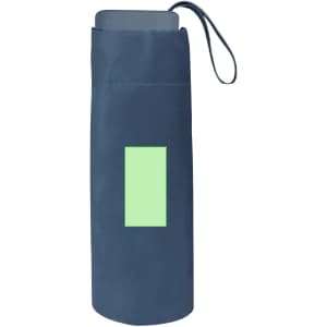 A foldable umbrella in navy blue with a carry pouch and a logo. The pouch has a strap for easy transport.