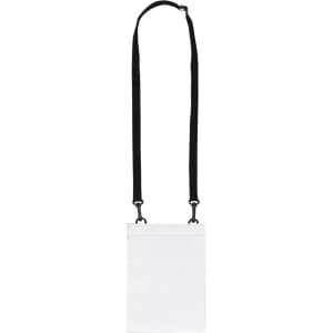 A white multipurpose bag with a black strap, featuring a simple design and a logo at the top.