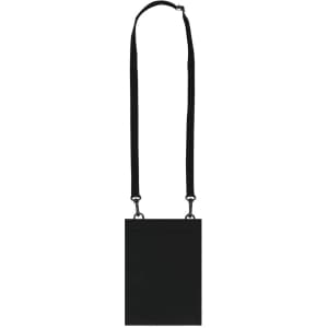 A black multipurpose bag with a long adjustable strap and a minimalist design, featuring a logo.
