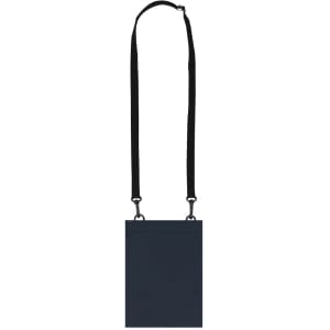 A navy blue multipurpose bag with a black adjustable strap and a plain design. It features a logo.