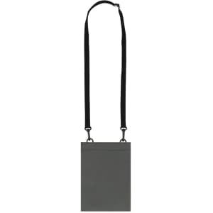 A grey multipurpose bag with a black adjustable strap and a simple design, featuring a logo on the front.