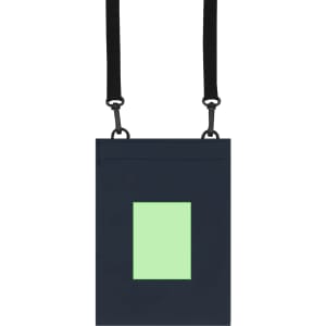 A navy multipurpose bag with a green rectangular patch and adjustable straps. It features a logo on the front.