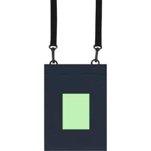 A navy blue multipurpose bag with a mint green square and adjustable straps. It features a simple design and a logo.