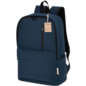 A navy blue backpack with a front pocket, dual shoulder straps, and a small tag. Features a logo on the front.