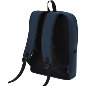 A navy blue backpack featuring black straps and a simple design, including a logo on the back.