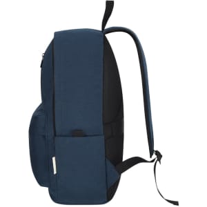 A navy blue backpack with padded straps and multiple compartments, featuring a logo on the side.