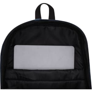 A backpack with a black interior and a pocket for a laptop. The exterior features a blue design and a logo.