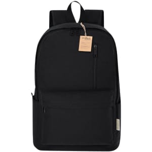 A black backpack with a main zip compartment, front pocket, and shoulder straps. It features a tag attached.