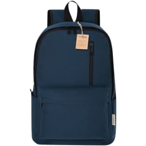 A navy blue backpack with multiple compartments and a front zip pocket. It features a logo on the side.