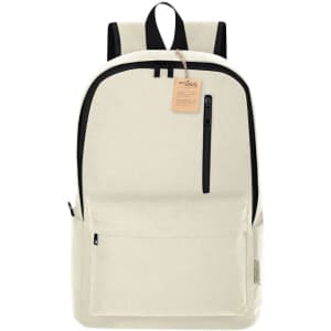 A cream-coloured backpack with black accents, featuring a front zip pocket and a branding tag.