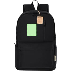 A black backpack featuring multiple compartments, a logo, and a small green patch.