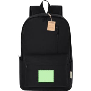 A black backpack with a front zip pocket and a blank green patch, featuring shoulder straps and a logo tag.