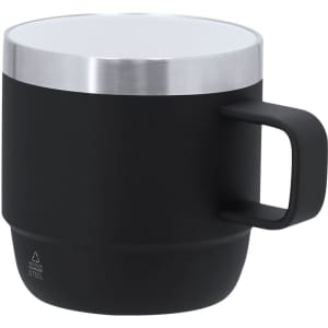 A black coffee mug with a silver rim and a sturdy handle. It has a sleek design and includes a branding logo.