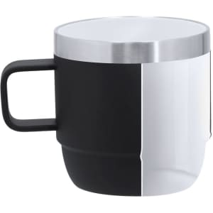 A black and white coffee mug with a stainless steel rim and a sturdy handle. It features a sleek, modern design and branding.