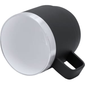 A coffee mug in matte black with a glossy white rim and a handle, featuring a logo on the side.