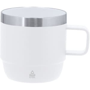 A coffee mug with a white body and a silver stainless steel rim, featuring a handle and branding at the base.