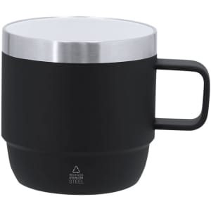 A black coffee mug with a stainless steel lid and a handle. It features a sleek, modern design.