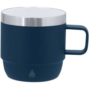 A navy blue coffee mug with a stainless steel lid and a sturdy handle, featuring a recycling logo on the base.