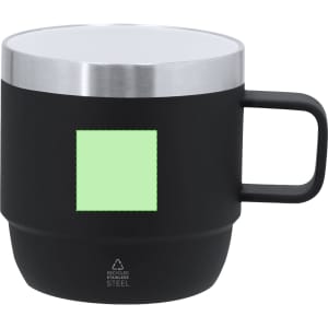 A black drinkware mug with a stainless steel lid and a side handle, featuring a blank green square.