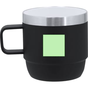 A black coffee mug with a matte finish and a silver lid, featuring a placeholder for branding.