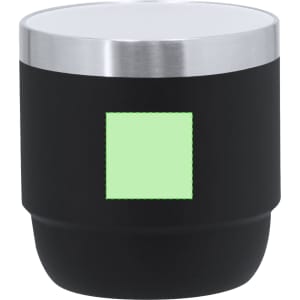 A black drinkware mug with a stainless steel lid and a square area for branding or design.