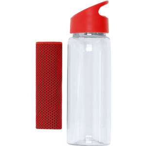 A drink bottle with a clear body and a red lid, accompanied by a red mesh sleeve. The bottle has a logo.