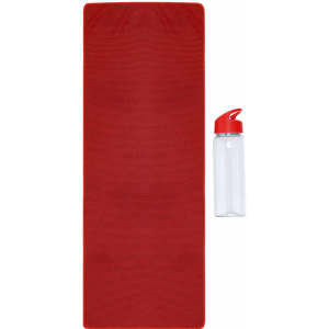 A drink bottle in clear plastic with a red lid, placed next to a red exercise mat. The bottle has a logo.