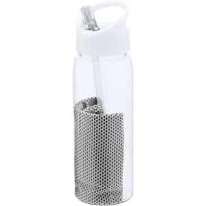 A drink bottle in clear plastic with a white lid and a black and white patterned pouch inside. It features a straw and handle.