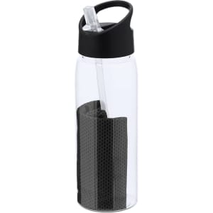 A drink bottle with a clear body, black lid, and integrated straw, featuring a black sleeve inside.