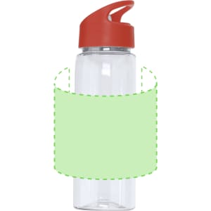 A drink bottle with a transparent body and a red lid, featuring a green label area and a logo.